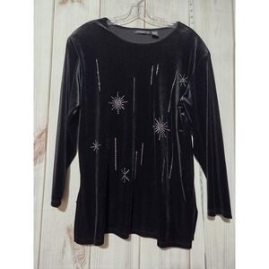 Impressions Shirt Womens Large Black Velvet Rhinestone Starburst Long Sleeve Top